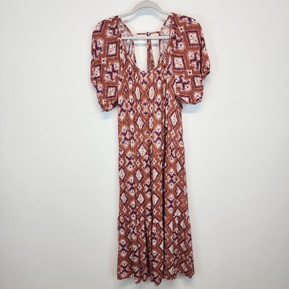 Knox Rose Puff Sleeve Tiered Midi Dress Size L Mauve Mandala Rayon Boho Peasant - Picture 1 of 16